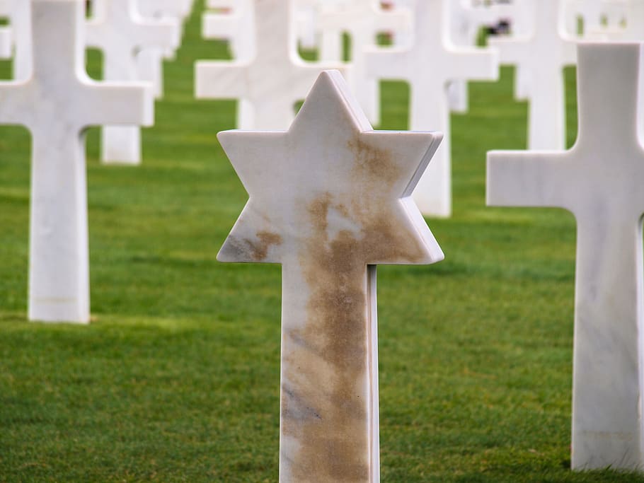 military cemetery, crosses, star of david, normandy, omaha beach, mourning, france, cemetery, grave, tombstone