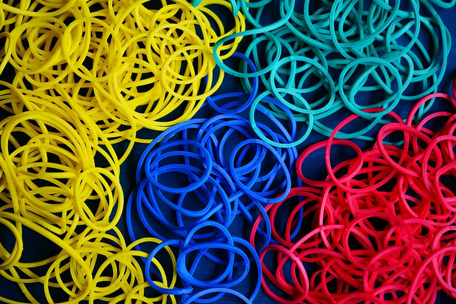 blue, yellow, red, rubber bands, Rubber, Rings, Annular, rubber rings, keep together, office supplies