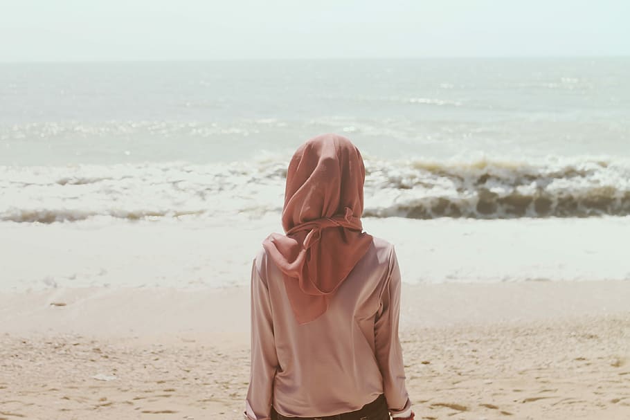 woman, wearing, pink, hijab, body, water, body of water, women, outdoors, adult