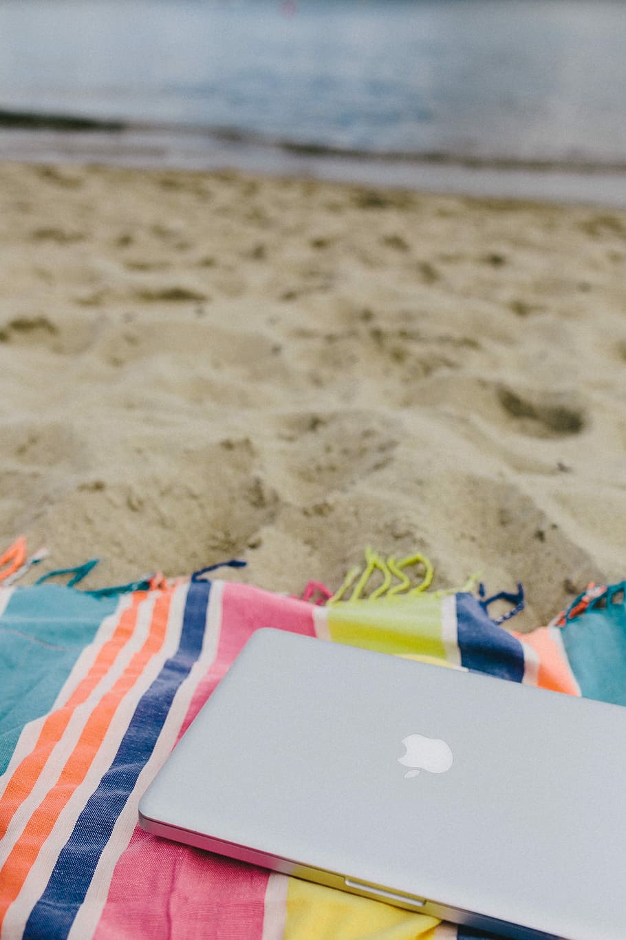 bersama-sama, pantai, pasir, musim panas, teknologi, komputer, macbook, laptop, selimut, liburan