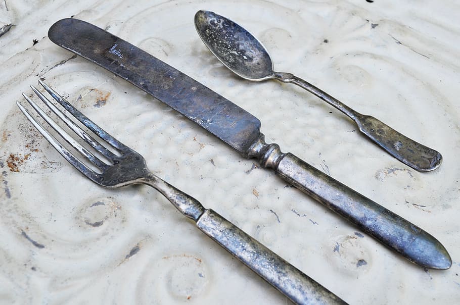 vintage, antique, silverware, spoon, knife, fork, table, old, home, decor