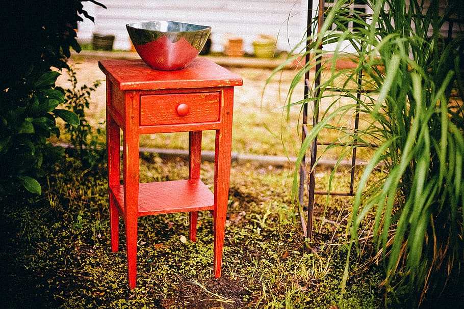 selective, focus photography, silver bowl, side table, end table, drawer, rustic, cabinet, red, furniture
