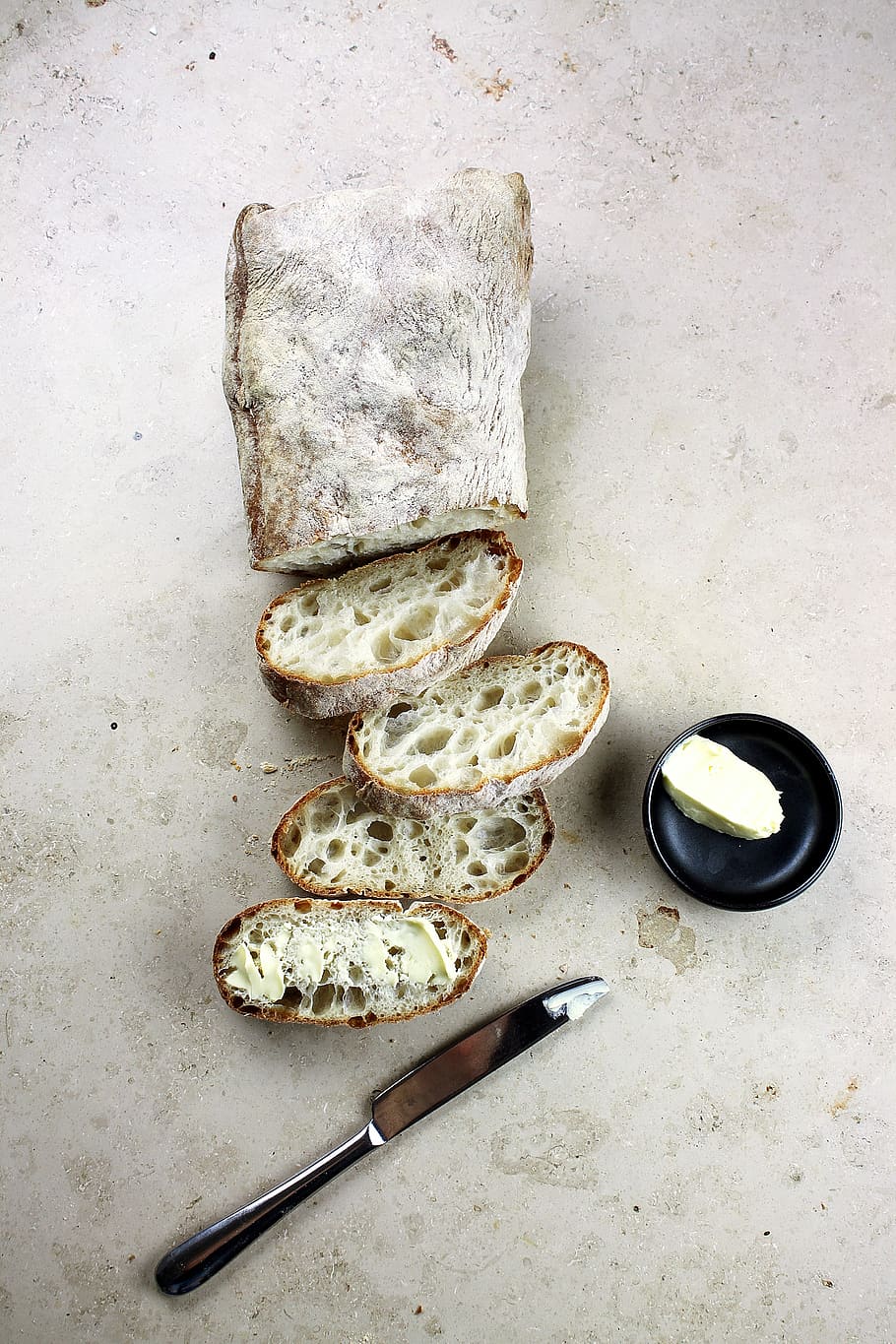 Bread and butter, bake, baked, bread, breakfast, butter, knife, rustique, sour, sour dough