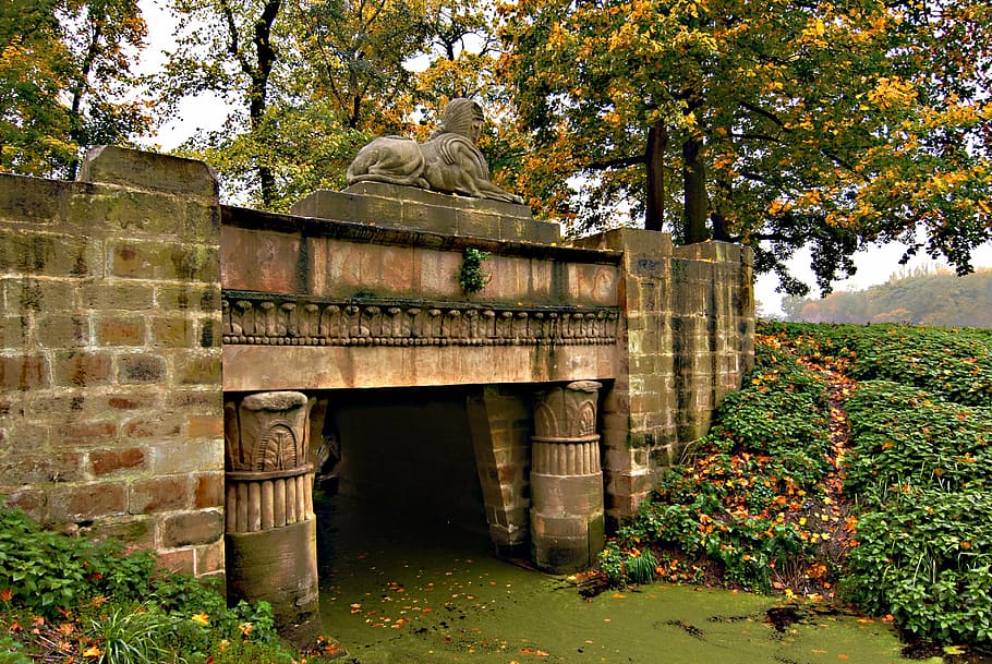 park, the sphinx, bridge, columns, canal, trees, autumn, tree, day, outdoors
