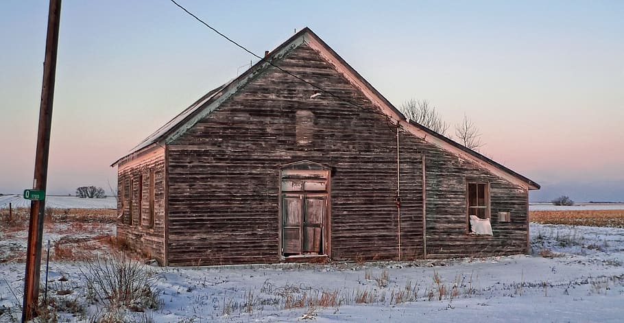 building, structure, abandoned, vacant, winter, snow, sky, clouds, nebraska, landscape