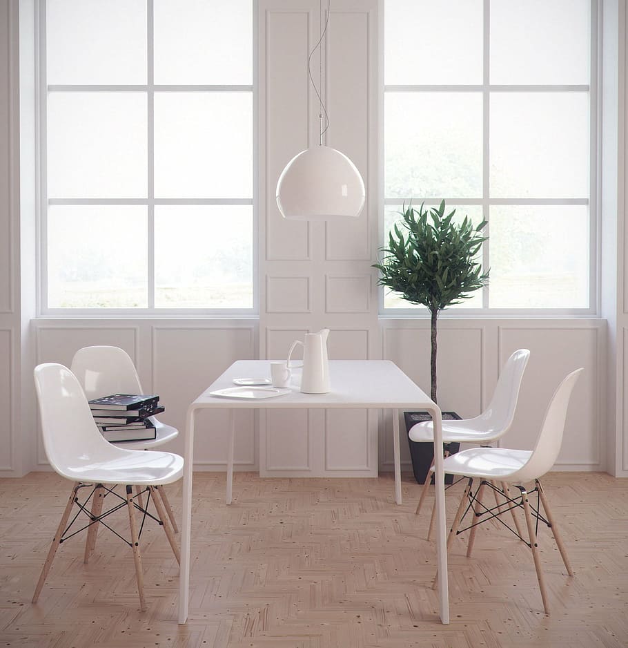 branco, mesa, quatro, cadeiras, janelas, arquitetura, design, mínimo, renderização da coroa, cgi