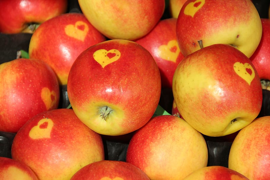 closeup, view, red, yellow, apple fruit lot, apple, eat, fruit, healthy, vegetarian