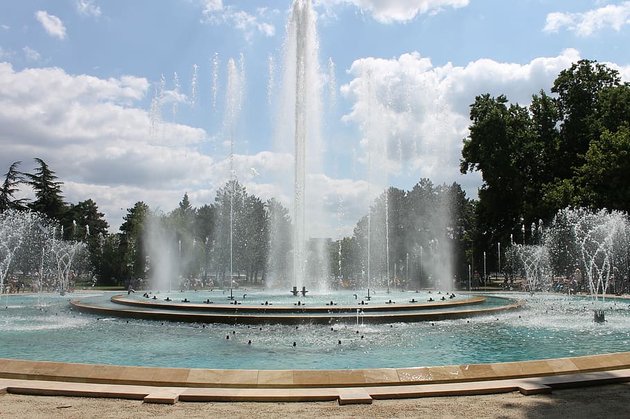 Fountain, Margaret Island, Budapest, drops, moment, water, motion, tree, spraying, splashing