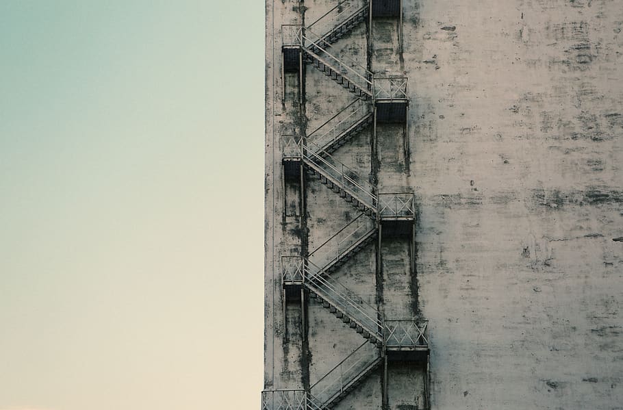 stairs, steps, concrete, wall, sky, architecture, built structure, building exterior, fire escape, low angle view