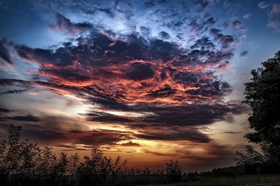 dramatic clouds, stormy, sunset, red clouds, sky, colors, evening, clouds, drama, storm