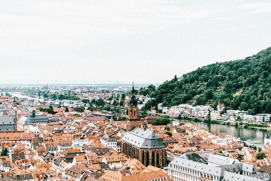 vista aérea, aldeia, antena, fotografia, laranja, coberturas, casas, Heidelberg, Alemanha, cidade