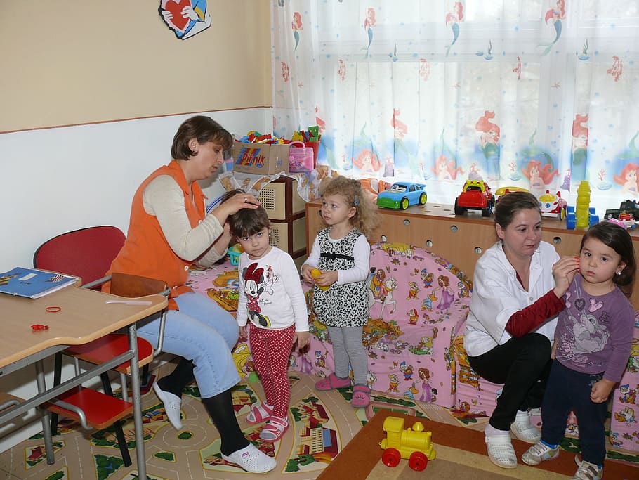 woman, sitting, sofa, touching, girl, window curtain, Kindergarten, Kids, Preschool, Care