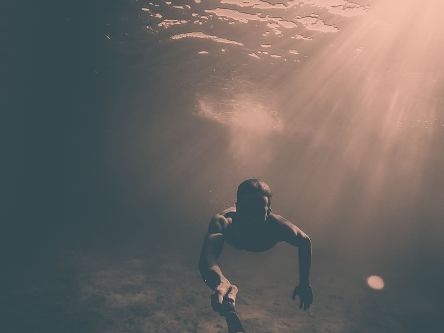 people, man, swimming, sea, water, ocean, diving, light, monopad, one person
