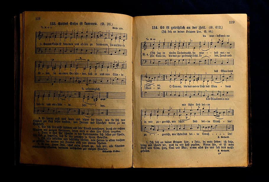 brown note sheets, book, antiquariat, hymnal, music, old book, church, christian songs, sing, song book
