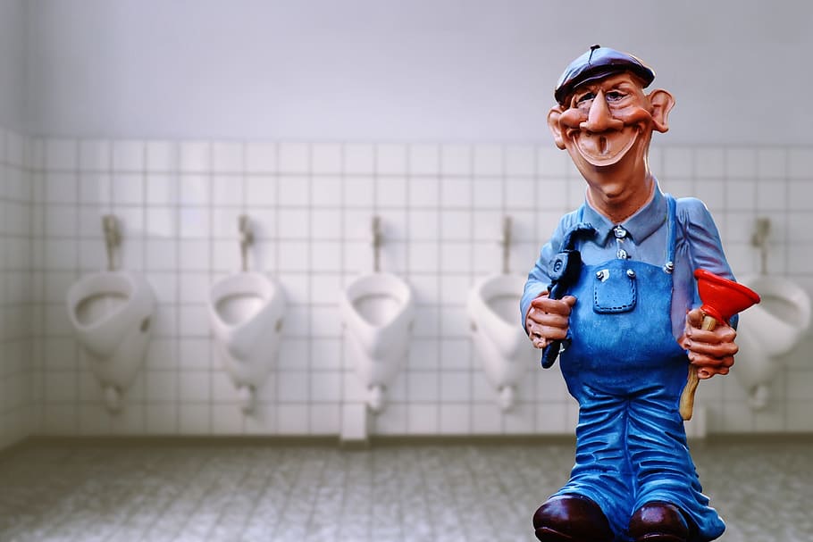 man, blue, jumper, standing, inside, rest room, plumber, pömpel, figure, sanitary