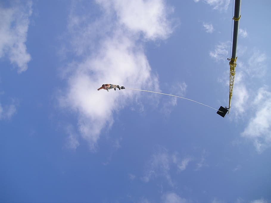 person, jumping, Bungy, Bungee, Extreme Sports, Adventure, sky, cloud - sky, flying, low angle view