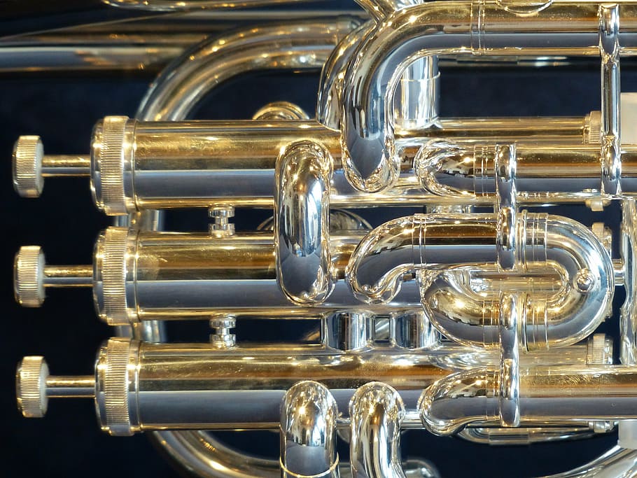euphonium, instrumento, hoja, música, corneta, válvulas de périnet, brillo, rayos, plata, trenes