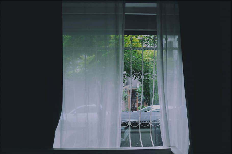 janela, coberto, branco, cortina de malha, cortina, cortinas, quarto, reflexão, ninguém, dia