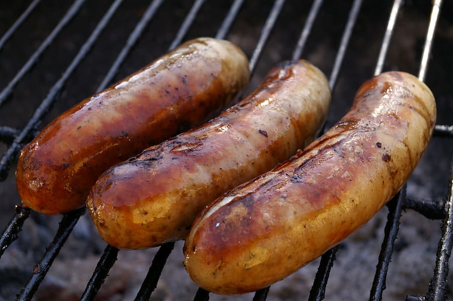 three grilled sausages, grilled meats, barbecue, meat, grill, delicious, eat, grilled, charcoal, tasty