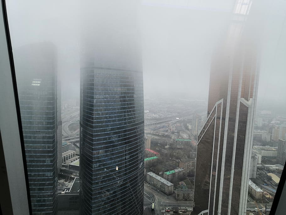 moscow city, skyscrapers, city, fog, winter, moscow, architecture, building exterior, built structure, building