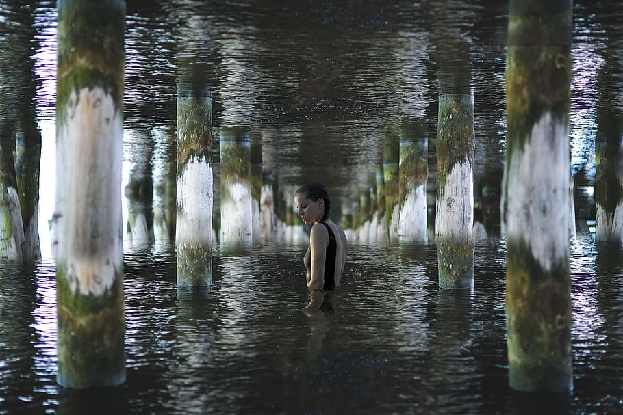 water, girl, pier, composing, anxiety, anxious, depression, ocean, swimmer, reflection