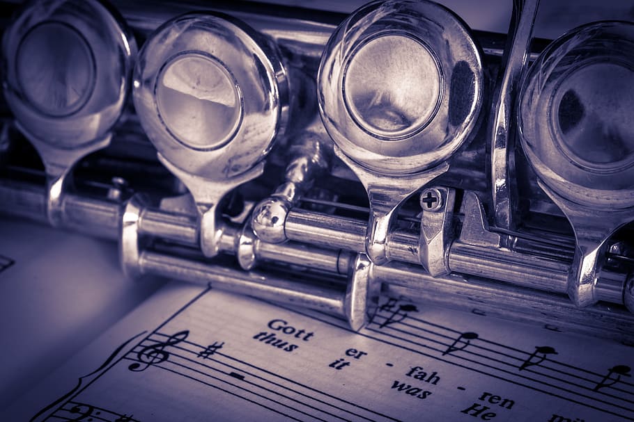 close-up photo, gray, metal part, flute, musical instrument, silver plated, music, instrument, classic, transverse flute