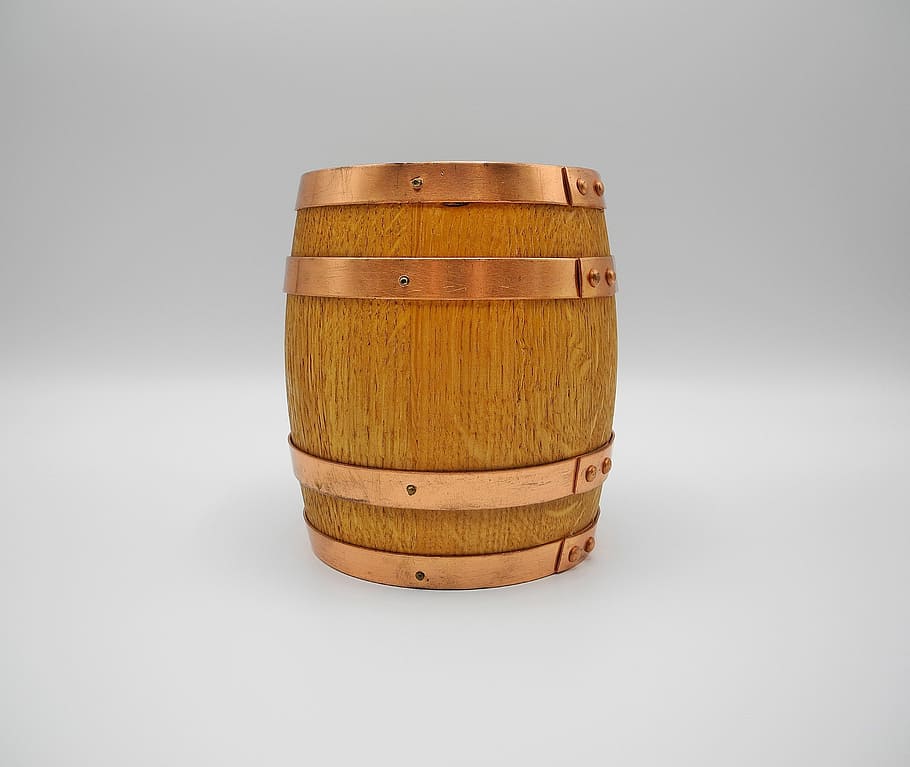 barrel, miniature, wood, oak, copper, piggy bank, wood - material, alcohol, single object, drink