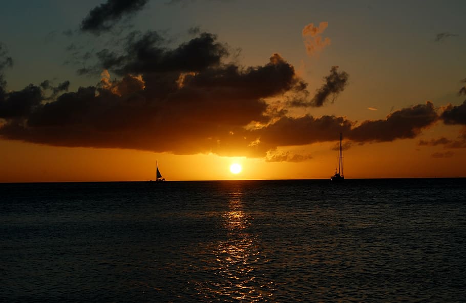sunset, sea horizon, aruba, caribbean, sail, sailboat, silhouette, sea, scenics, nature
