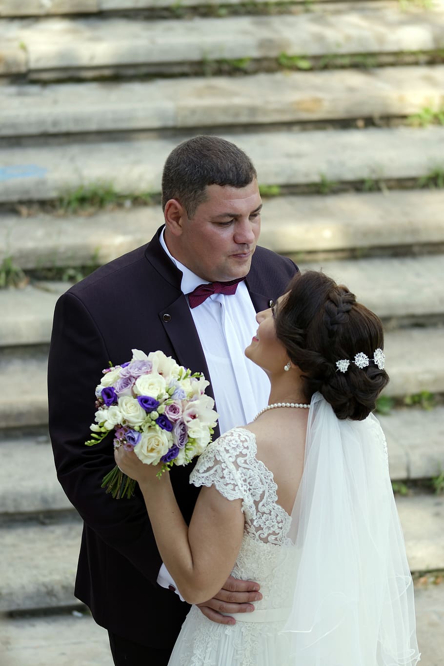 event, groom, bride, flowers, stairs, park, dress, white, woman, man