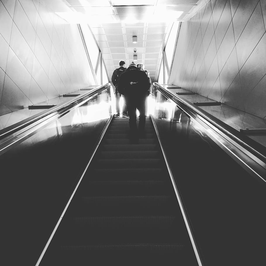 grayscale photo, people, climbing, using, escalator stairs, escalaror, stairs, building, ascent, going up