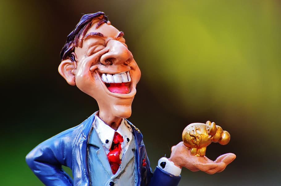 riendo, hombre, tenencia, ilustración de la figura de oro, empresario, corredor de bolsa, dinero, ganancias, finanzas, euro