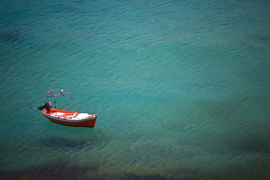 clear, green, water, greece, flag, red, boat, motor, peaceful, sea