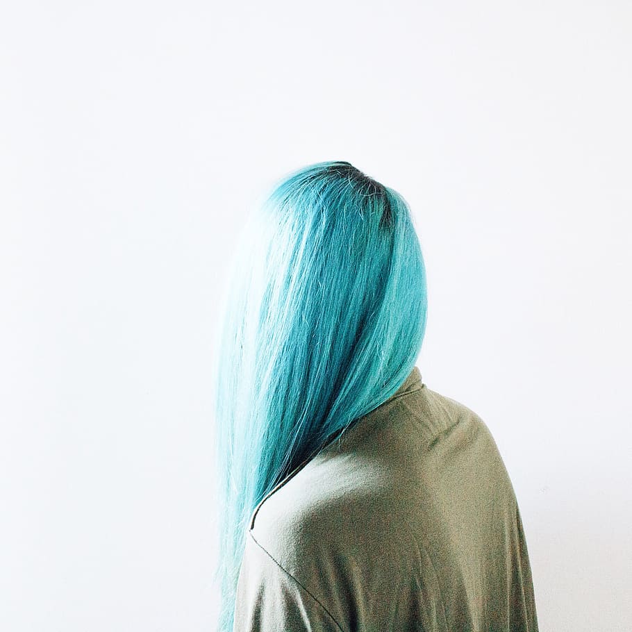 teal haired person, people, woman, hair, dye, rear view, hairstyle, headshot, studio shot, one person