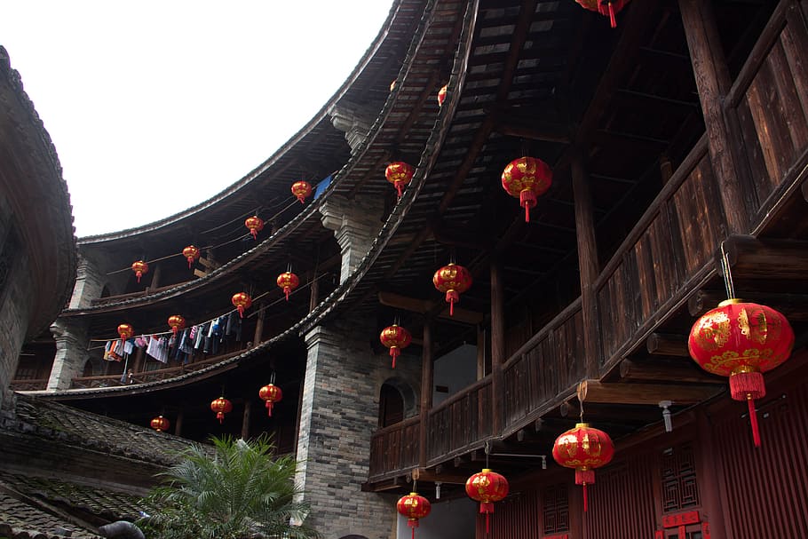 fujian, earth building, lantern, architecture, built structure, building exterior, lighting equipment, low angle view, hanging, decoration