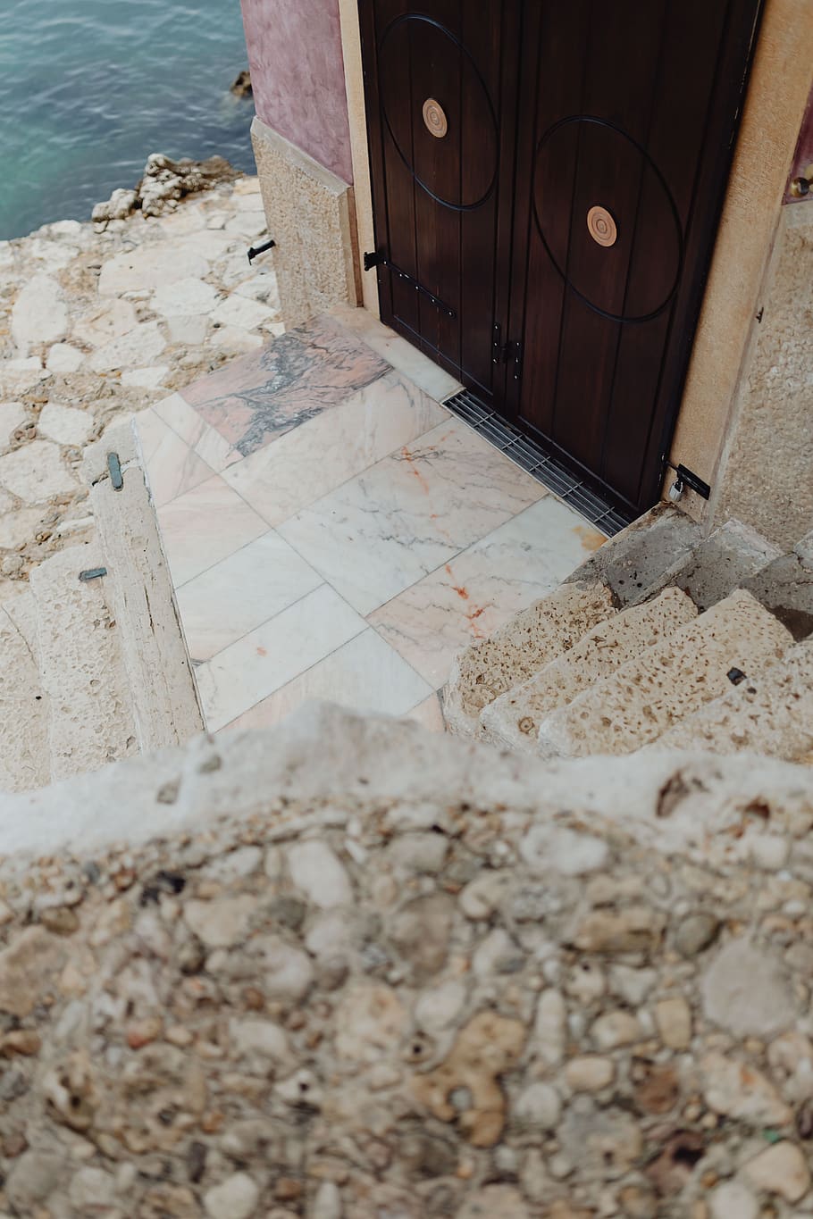 marble, terrace, floor, coastline, Pink, seaside, Rovinj, Croatia, high angle view, day