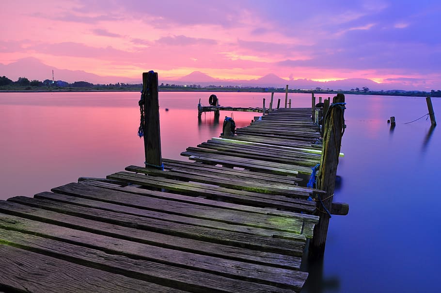 brown, wooden, dock, sunsety, plunks, body, water, pier, lake, purple