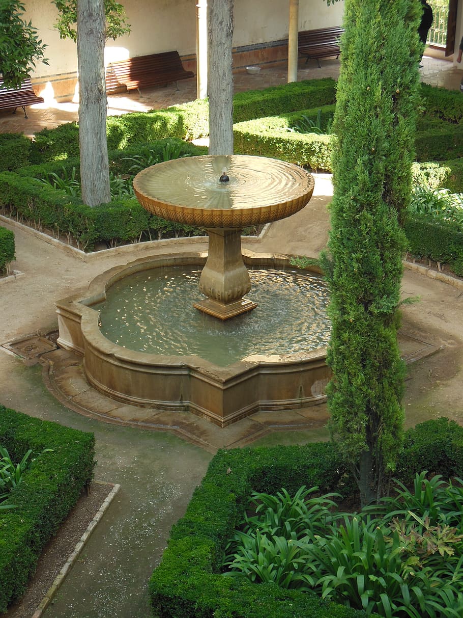 alhambra, fountain, spain, granada, garden, moorish, water basin, schlossgarten, park, world heritage