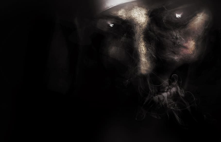 death, skull, fantasy, smoke, black background, spooky, studio shot, indoors, one person, fear