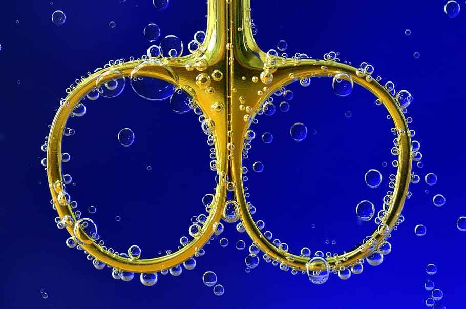 scissors, golden, shiny, beautiful, underwater, cleaning, instrument, surgery, medical, a surgical instrument