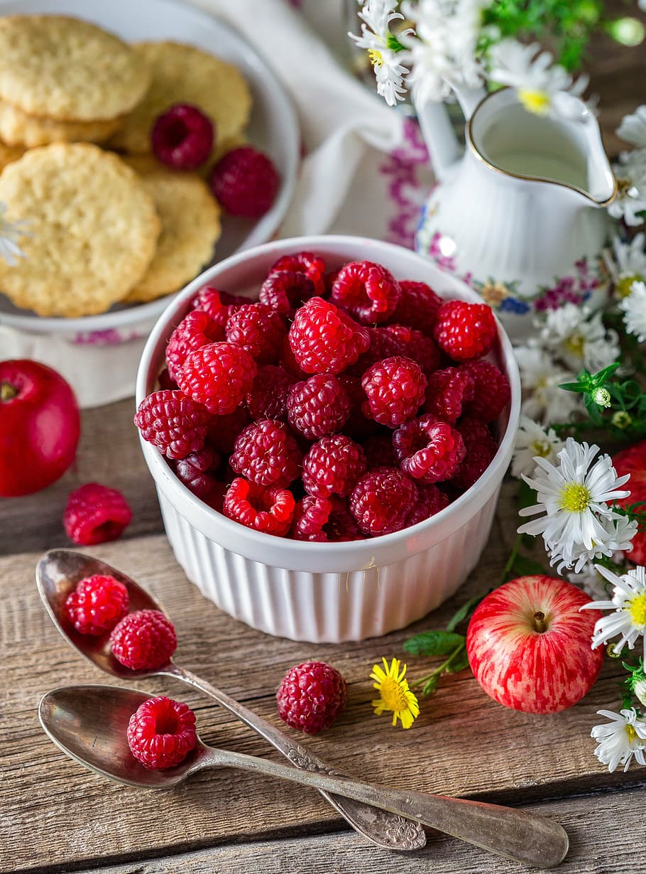 red, cherries, white, ceramic, bowl, raspberry, berry, ripe, berries of a raspberry, summer
