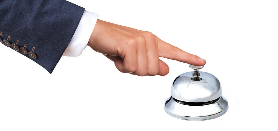 person, holding, ring bell, bell, sign on, registration, reception, ring the bell, ring, attention