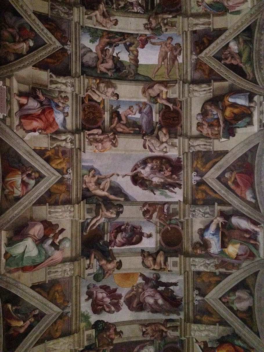 assorted, painting wall decor, sistine chapel, miguel angelo, ceiling, indoors, large group of objects, full frame, architecture, abundance