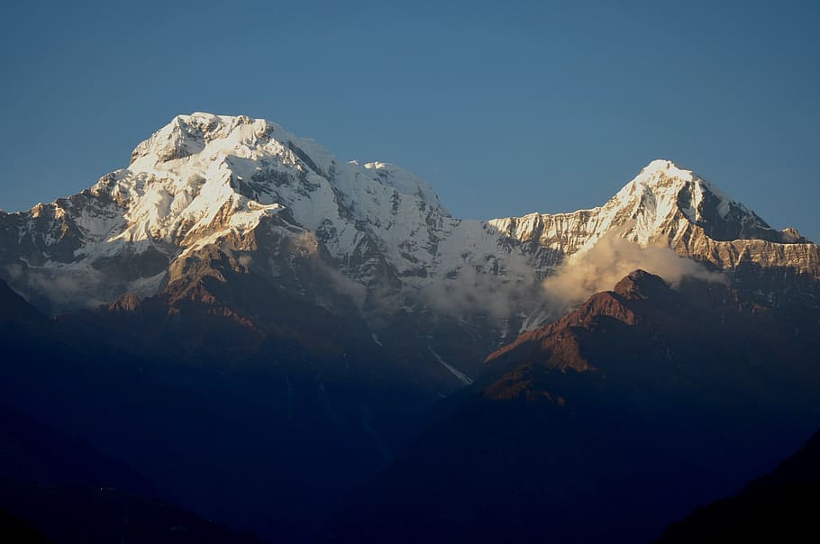 mountain covered snow, annapurna, trekking, mountain, sunrise, bergsport, alpinism, snow, rock, high