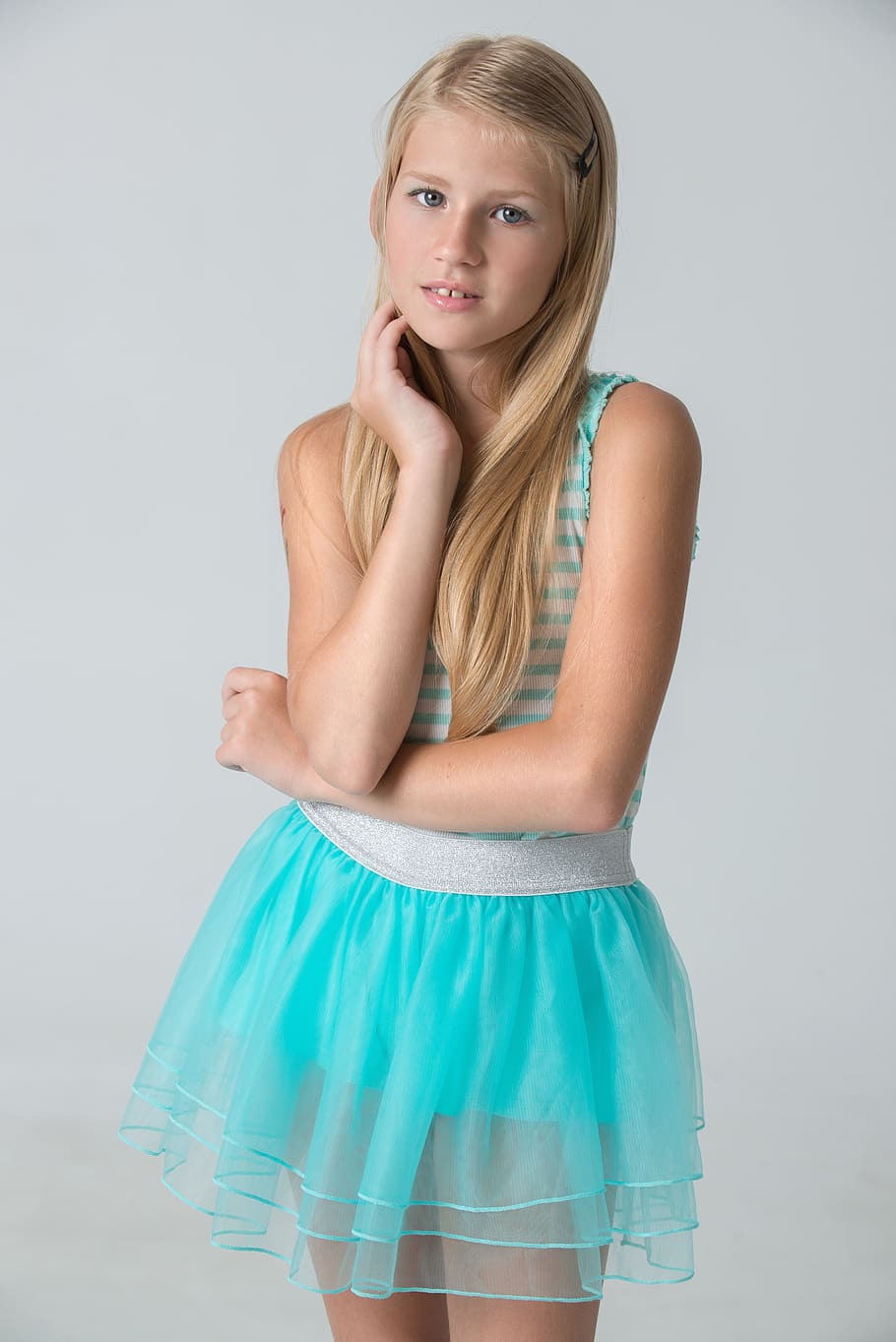 blonde-haired, girl, white, blue, striped, sleeveless dress, portrait, model, baby, photographing children