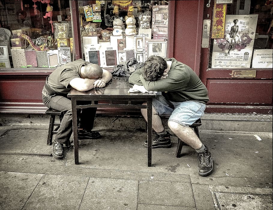 two, men, sleeping, table, outside, store, Winks, Snooze, Sleep, Slumber