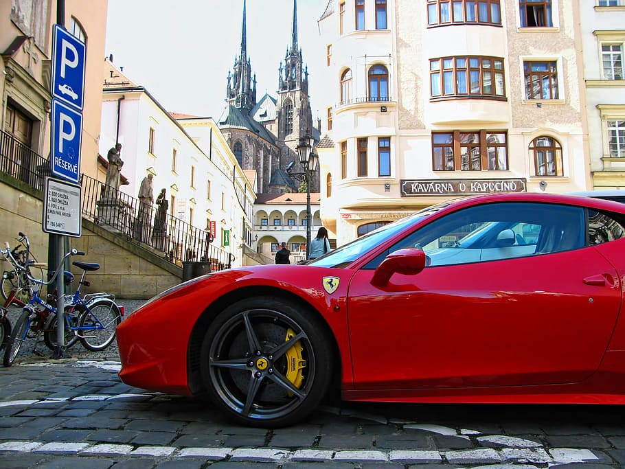 red, ferrari sports coupe, parked, bricked pavement, daytime, Ferrari, Brno, Racing Car, Automobiles, vehicles
