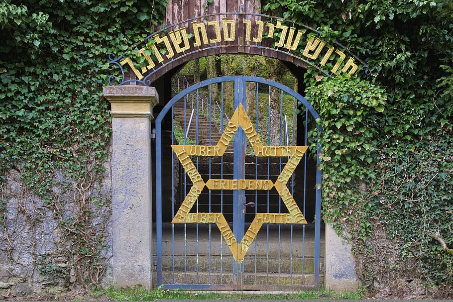 cementerio, cementerio judío, antiguo, entrada, estrella de david, hebreo, antiguo cementerio, meta, escaleras, bosque negro