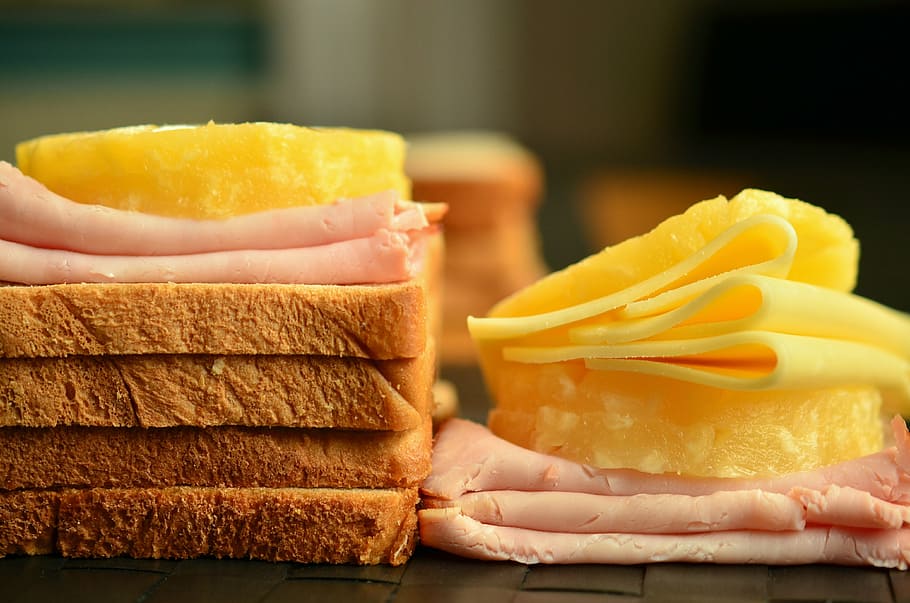 sliced, cheese, bacon, loaf bread, toast, cheese slices, toast hawaii, hawaii toast, ham, eat