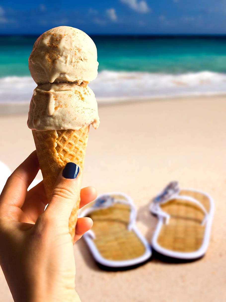 ice, summer, delicious, ice cream cone, sky, sea, slippers, beach, blue, hand