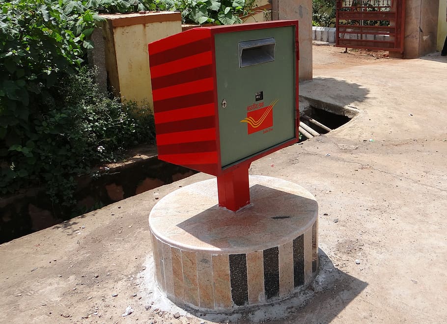 mailbox, india, letter box, post box, dharwad, post, karnataka, sunlight, day, red